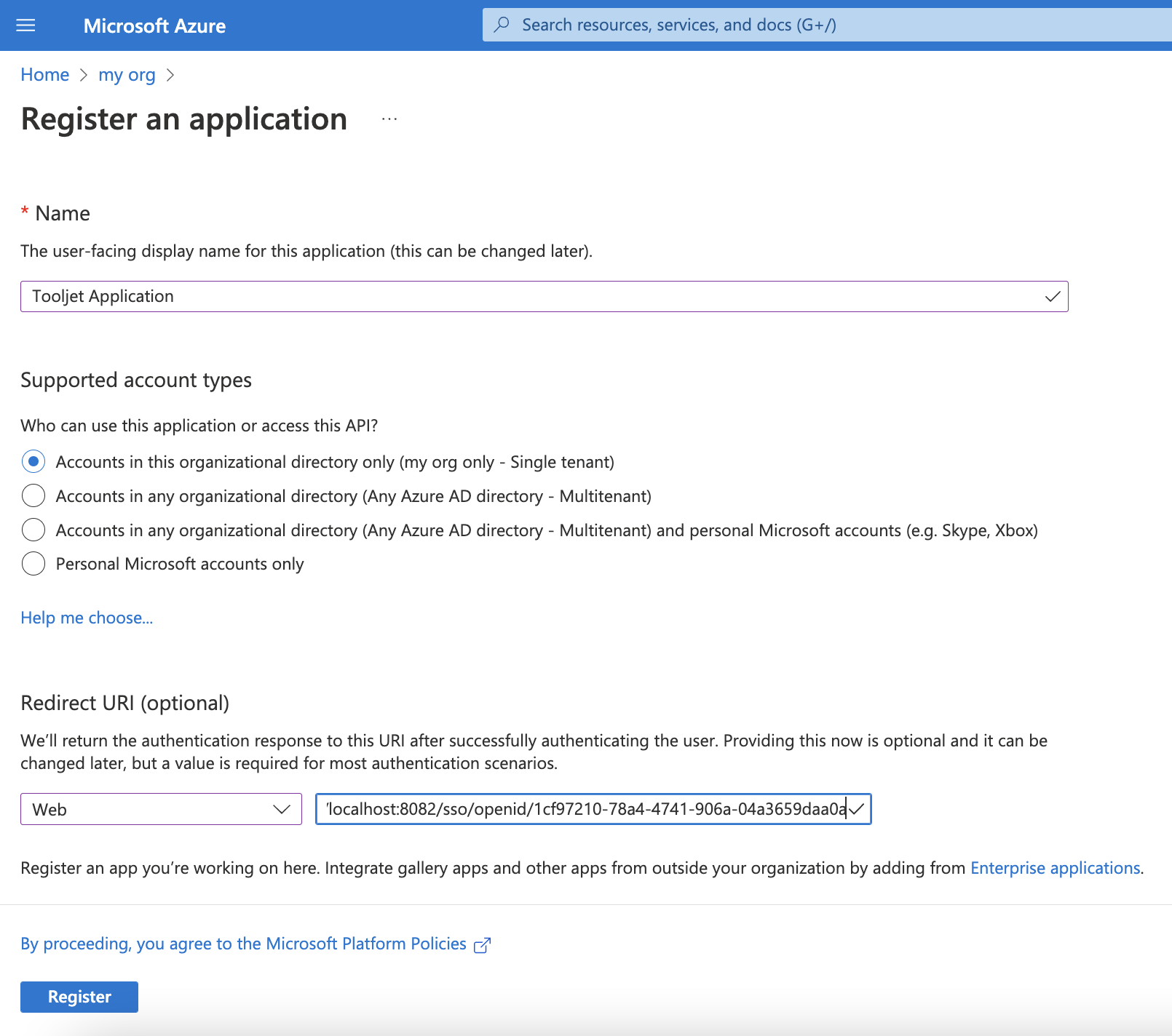 ToolJet - AzureAD app registration