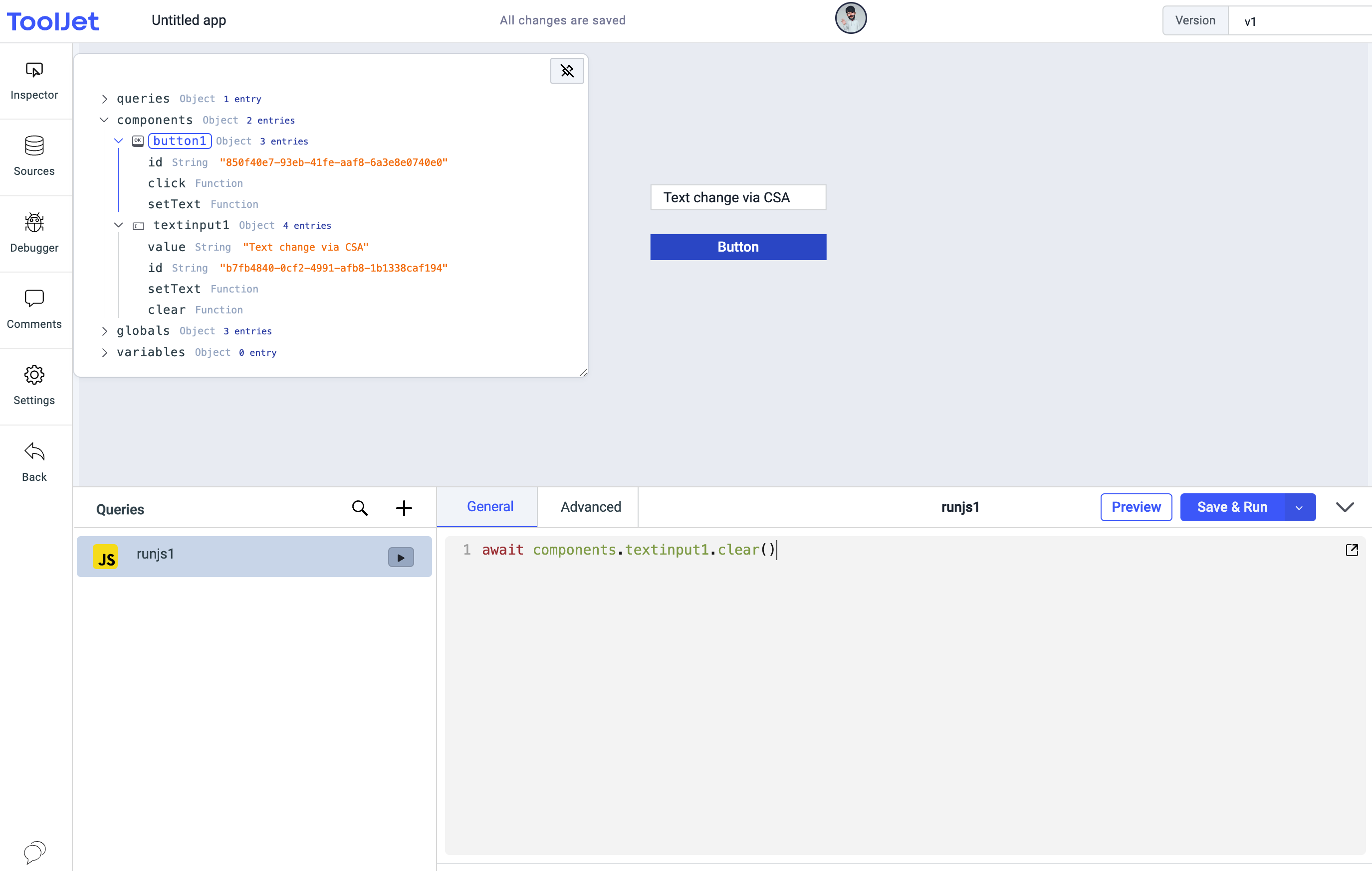 ToolJet - Action reference - Control Component