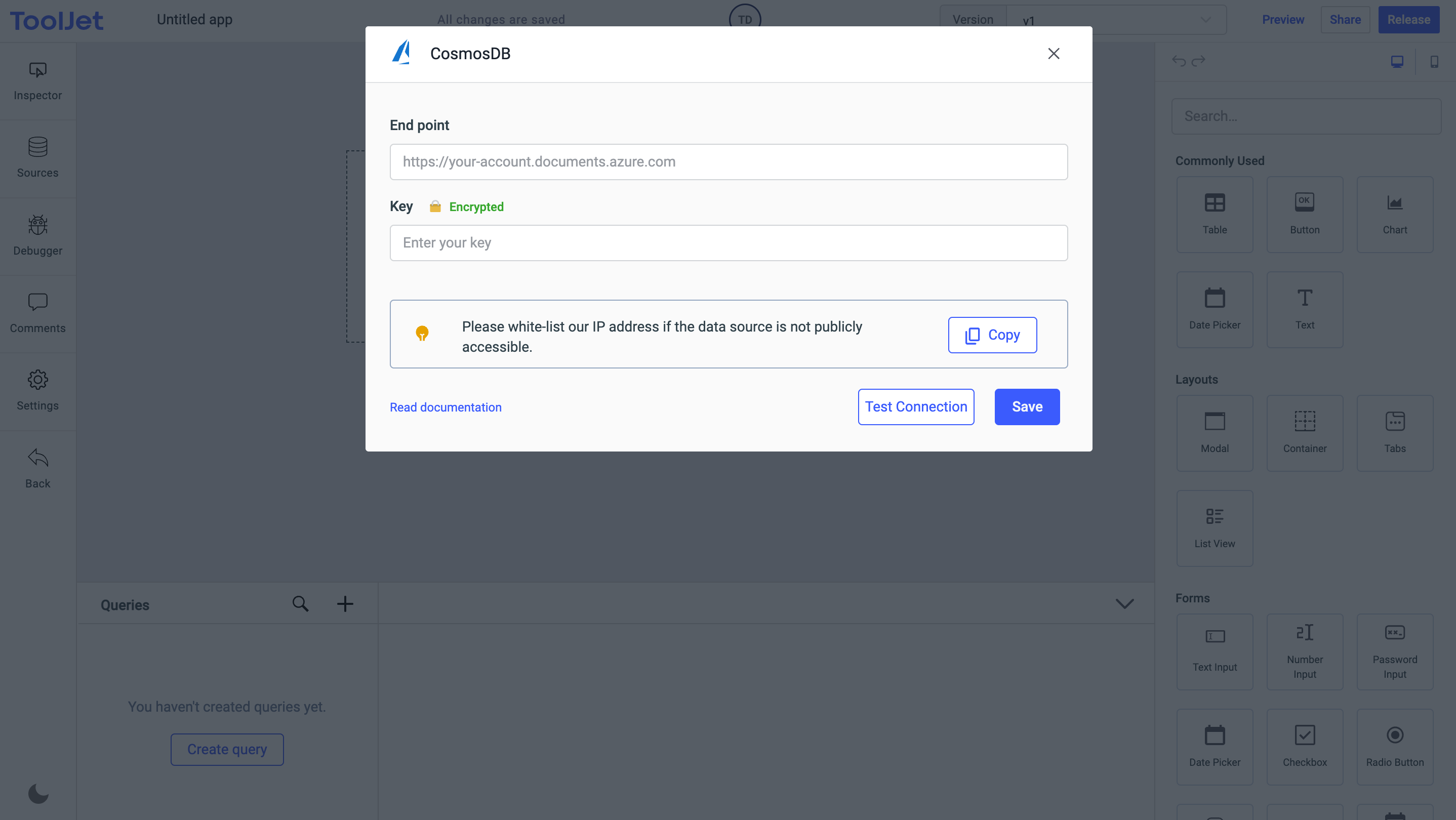 ToolJet - Data source - CosmosDB