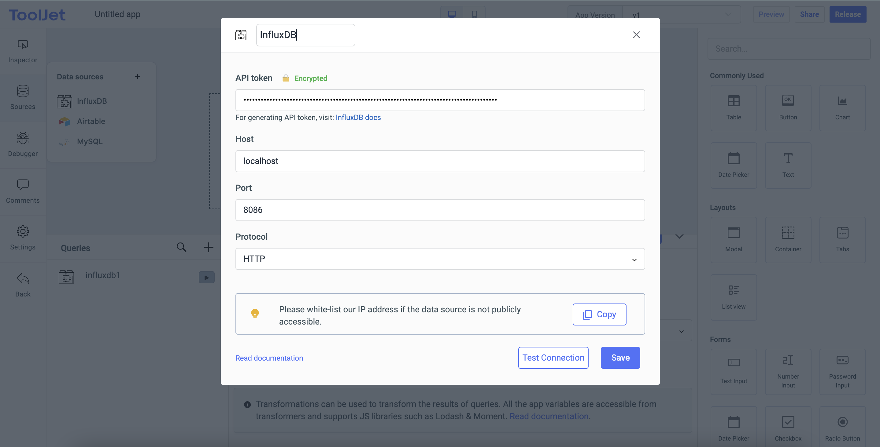 ToolJet - Data source - influxDB