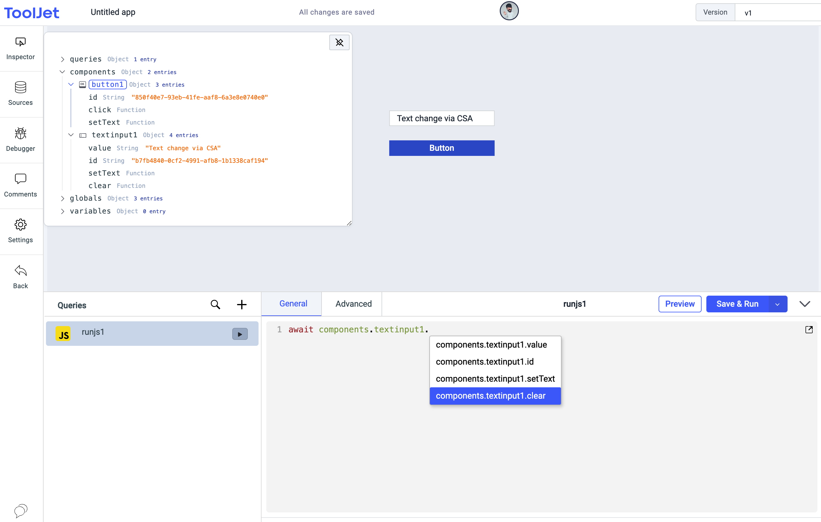 ToolJet - Action reference - Control Component