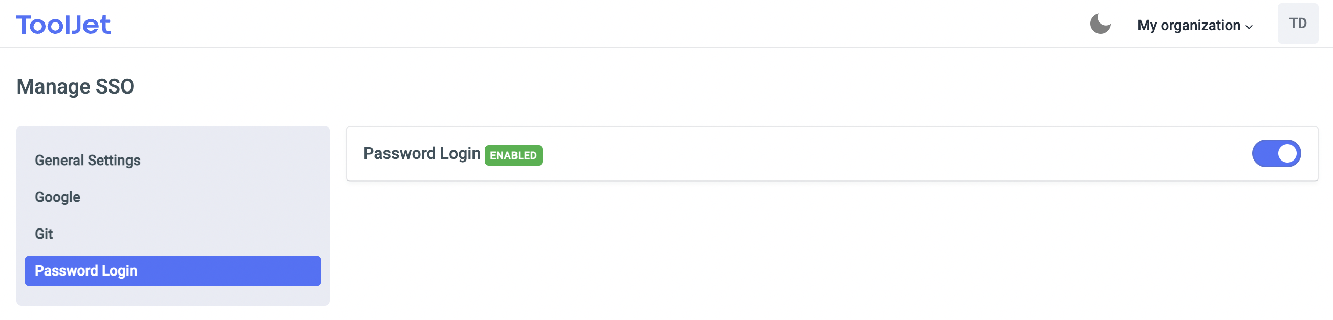 ToolJet - Password Login configs