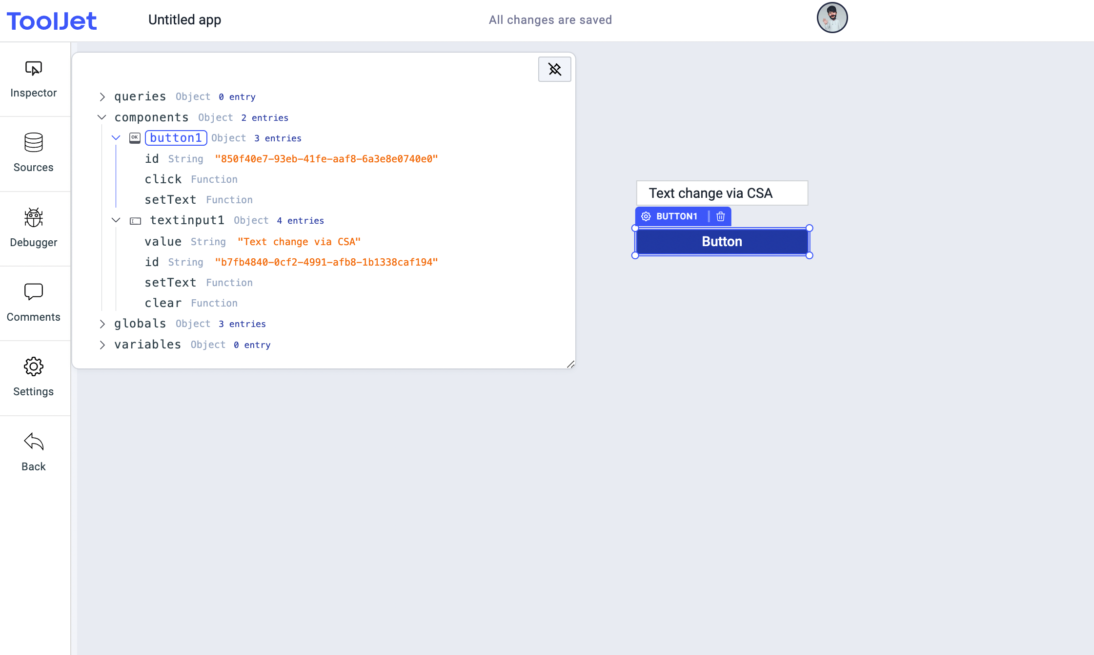 ToolJet - Action reference - Control Component