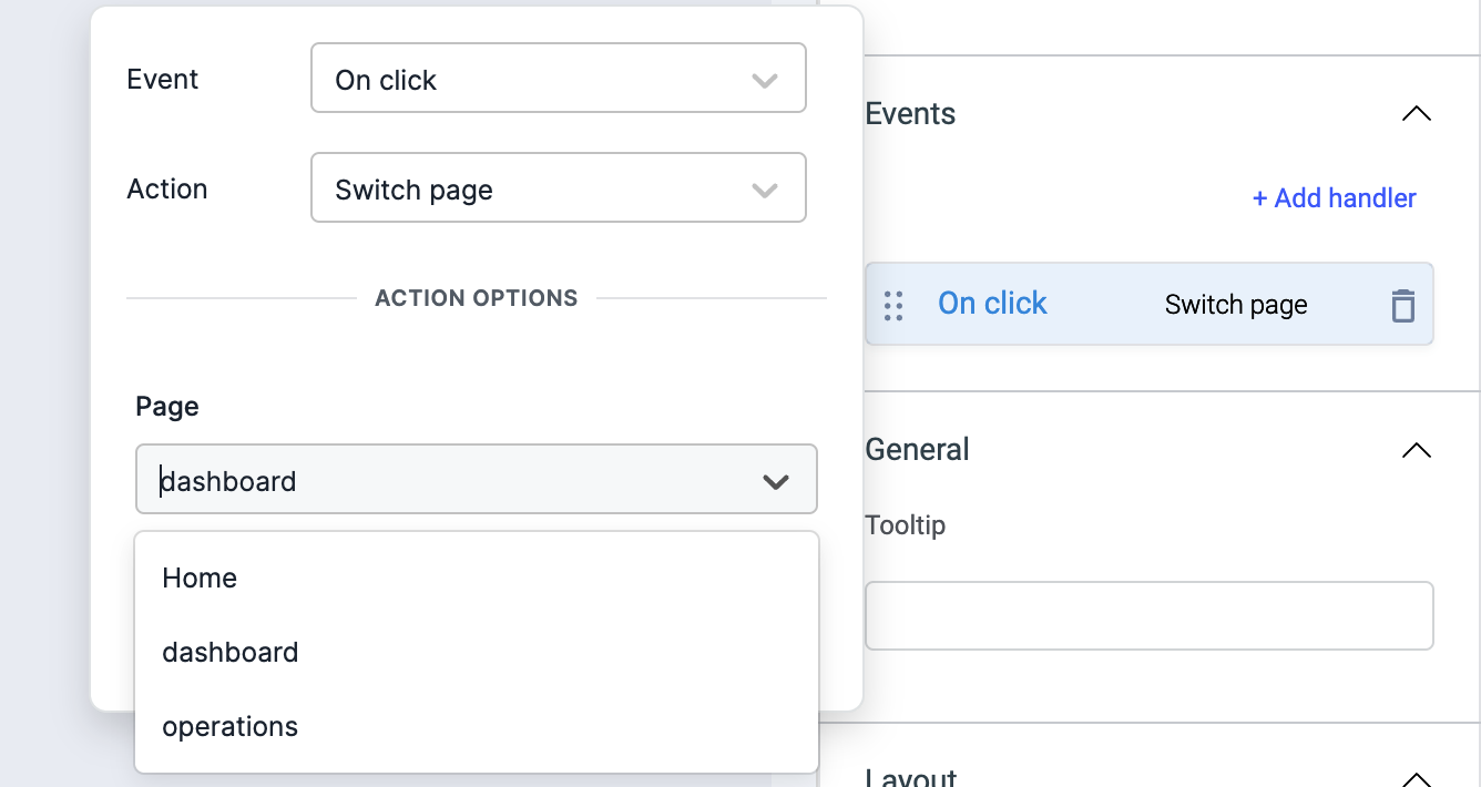 ToolJet - Action reference - Switch page