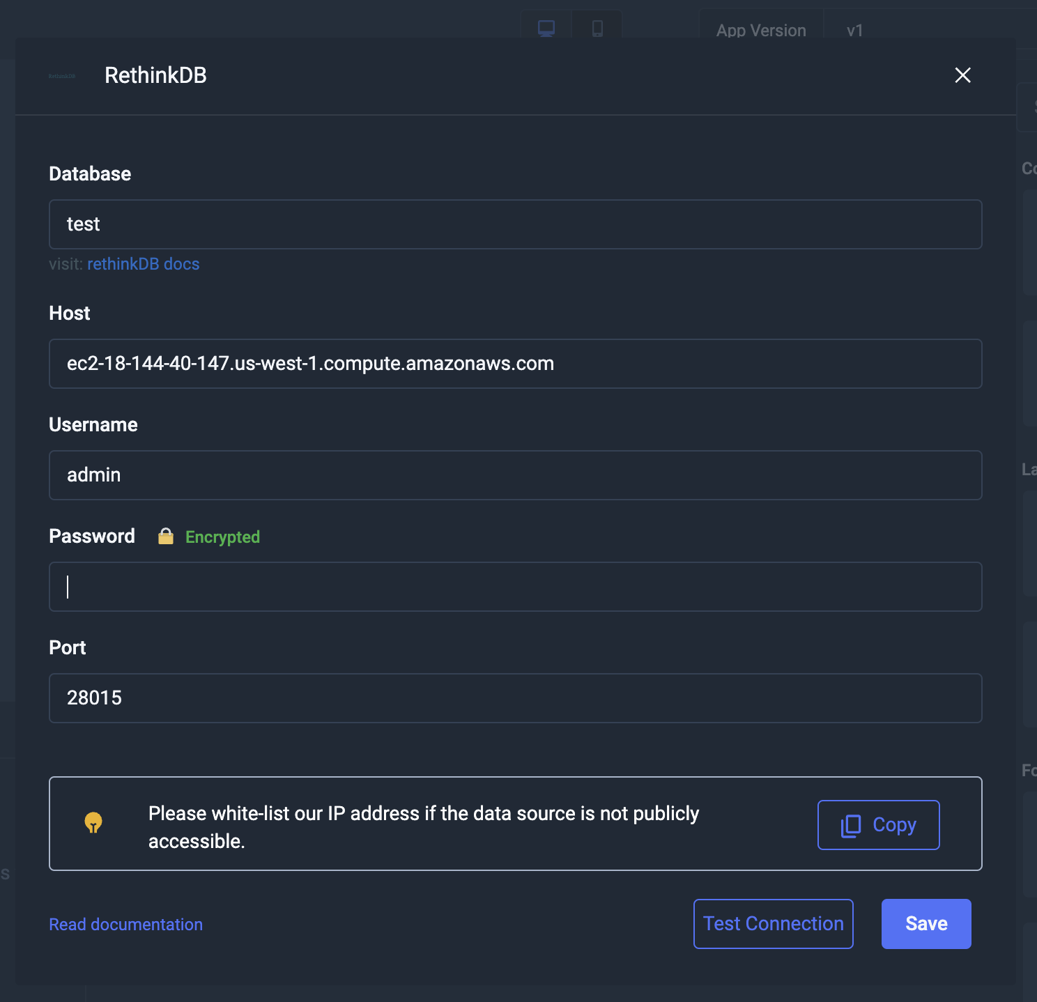 ToolJet - Data source - RethinkDB