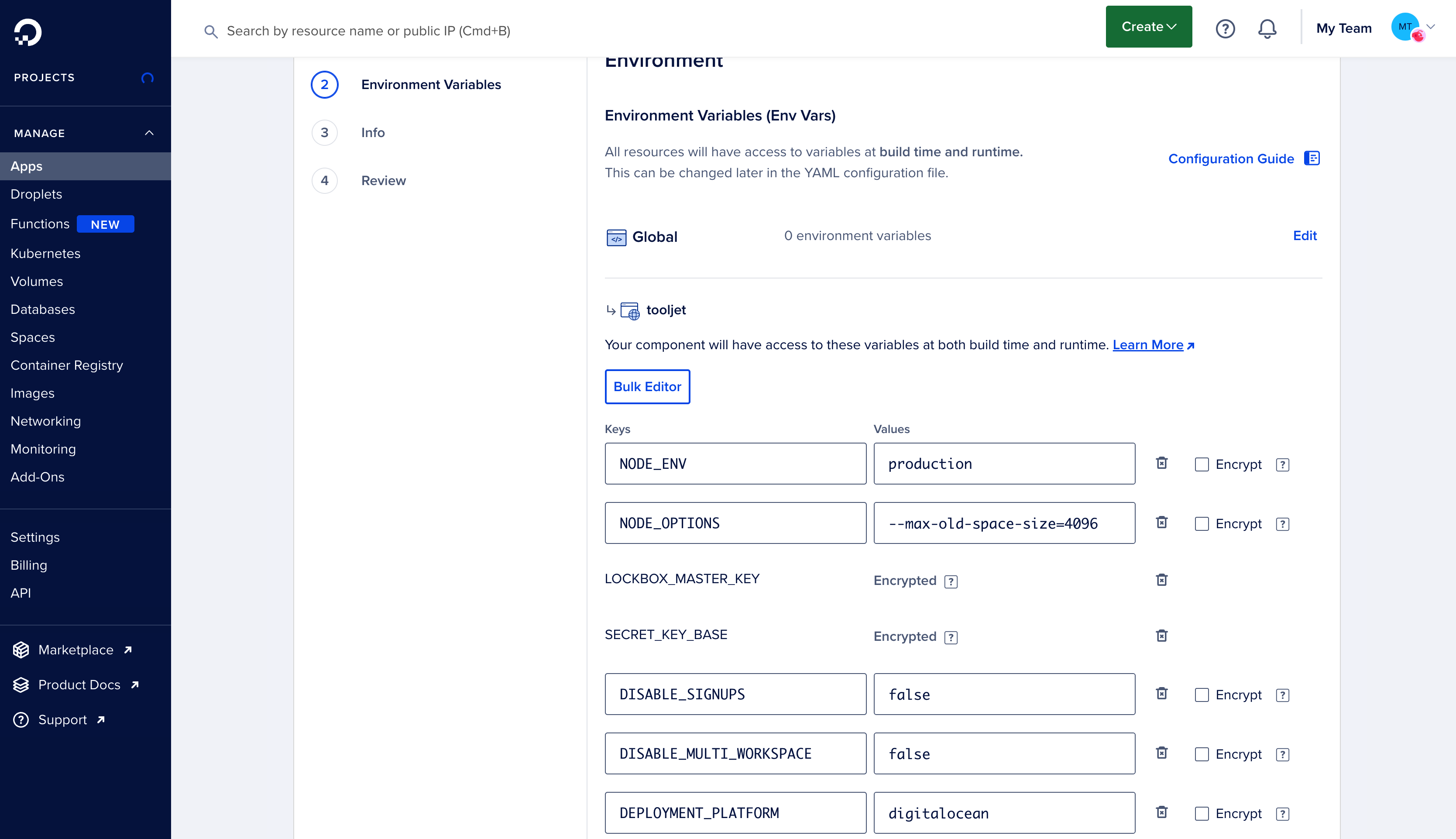 ToolJet - Deploy on DigitalOcean - Environment Variables