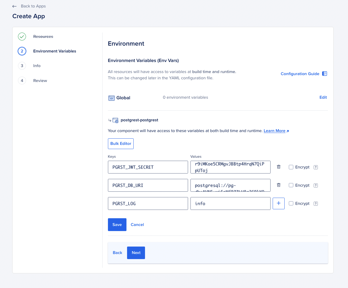 ToolJet - Deploy on DigitalOcean - PostgREST environment variables