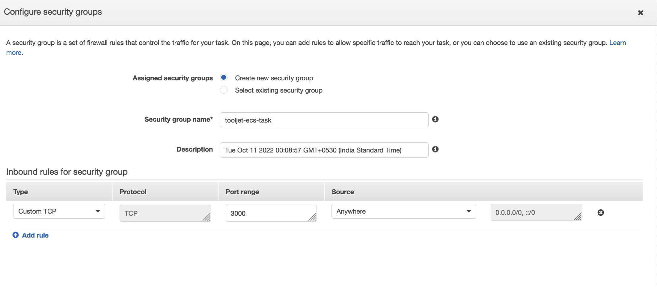 service security group config