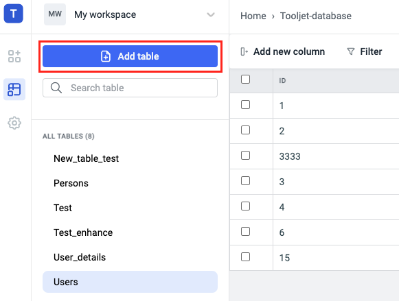 ToolJet Database editor