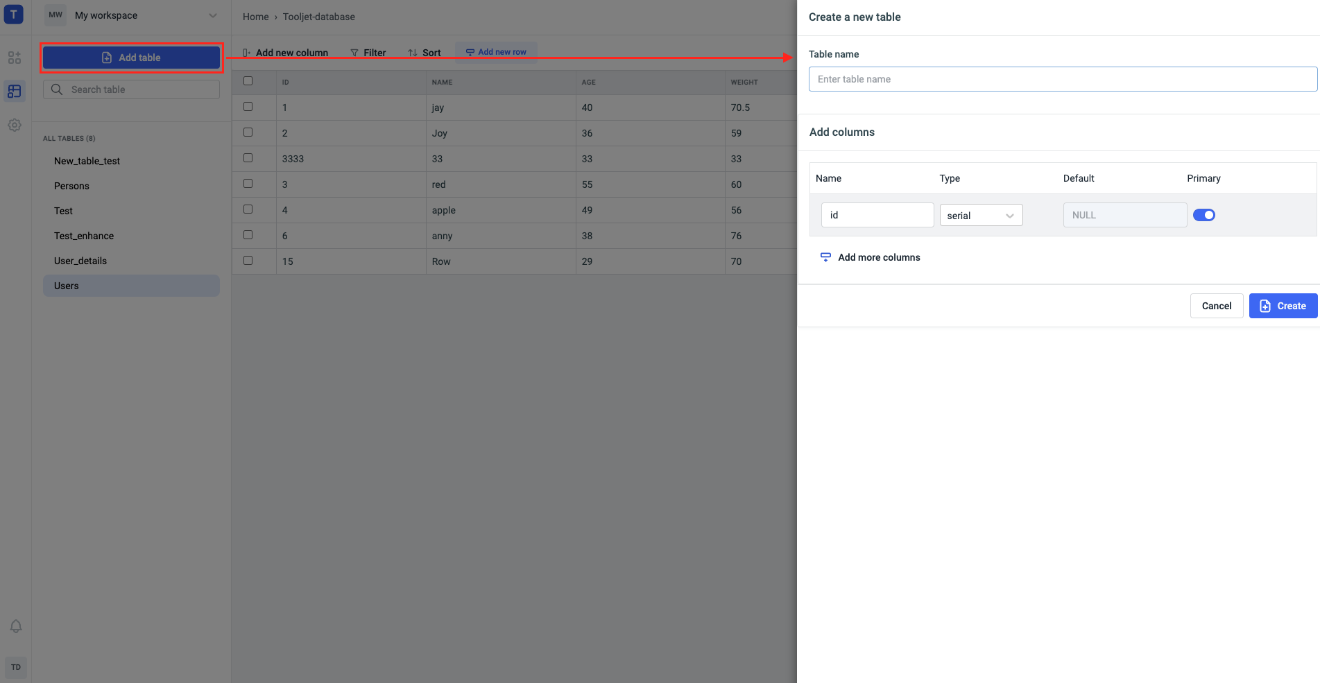 ToolJet Database editor