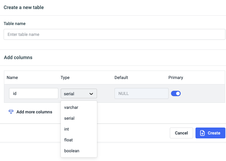 ToolJet Database editor