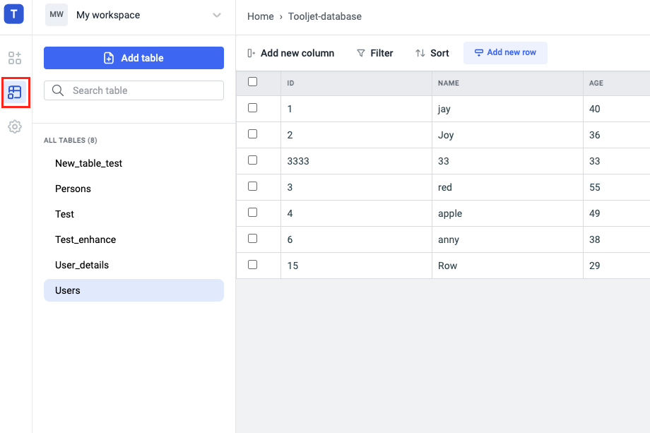 ToolJet Database editor