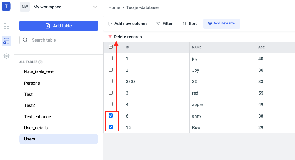 ToolJet Database editor