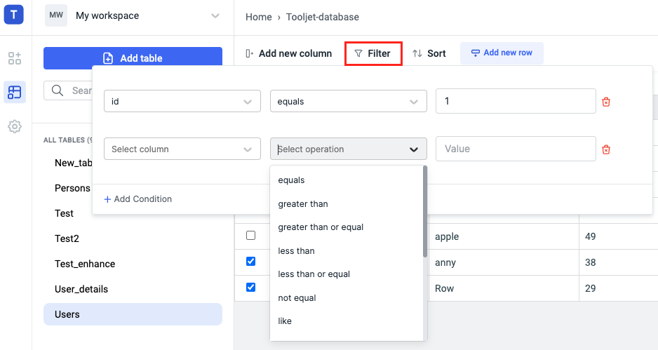 ToolJet Database editor