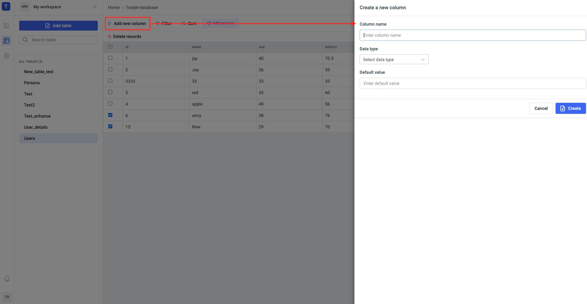 ToolJet Database editor