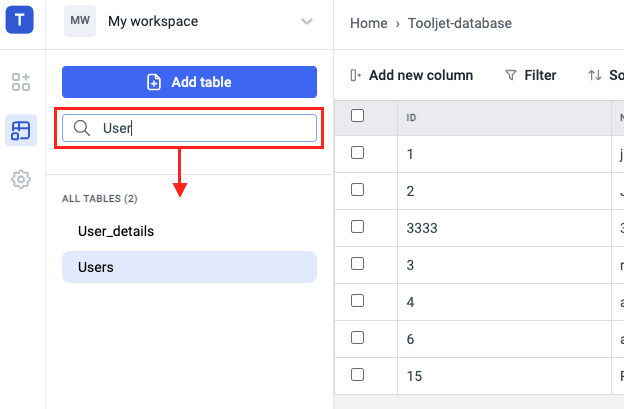 ToolJet Database editor