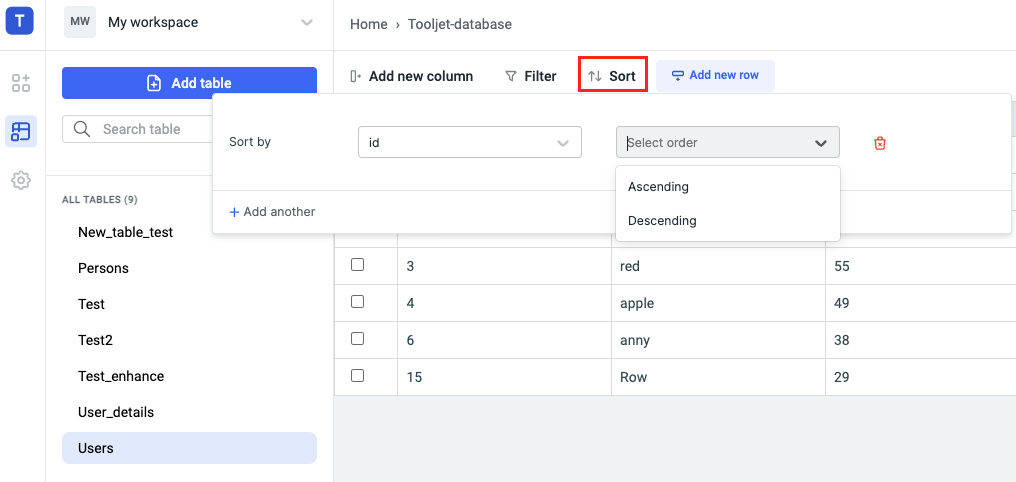 ToolJet Database editor