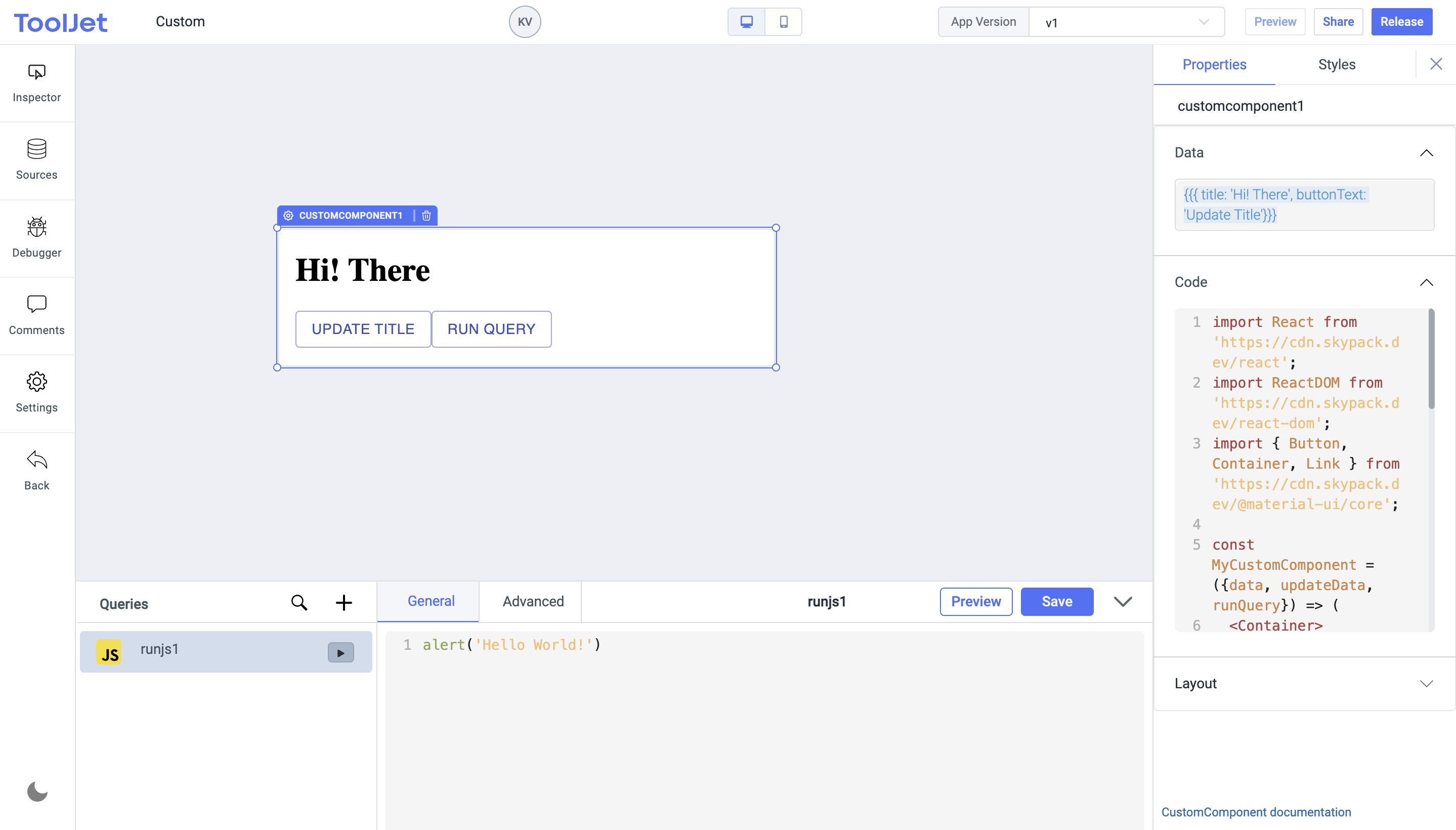 ToolJet - Widget Reference - Custom Component