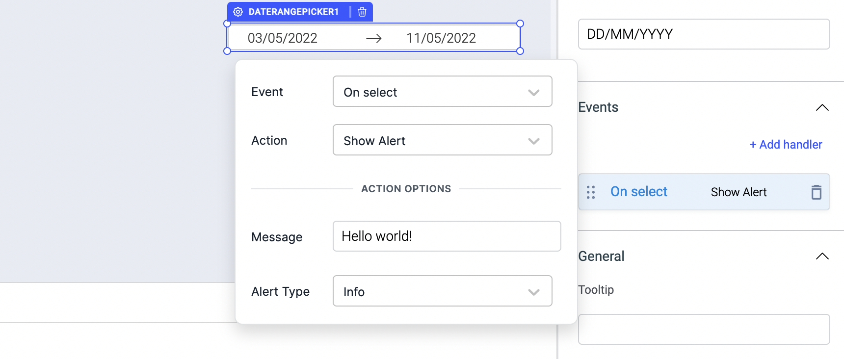 ToolJet - Widget Reference - Date range picker