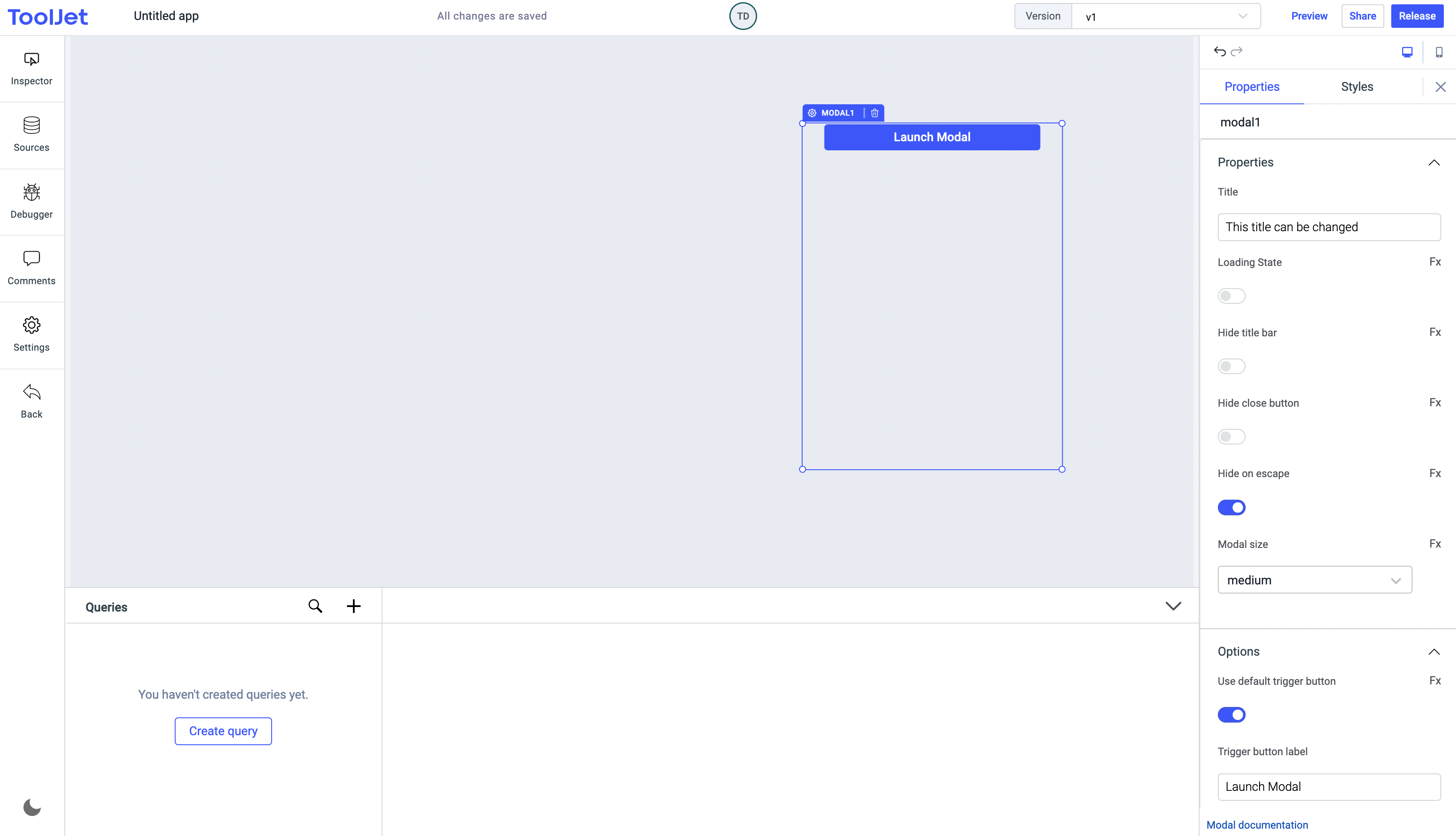 ToolJet - Widget Reference - Modal