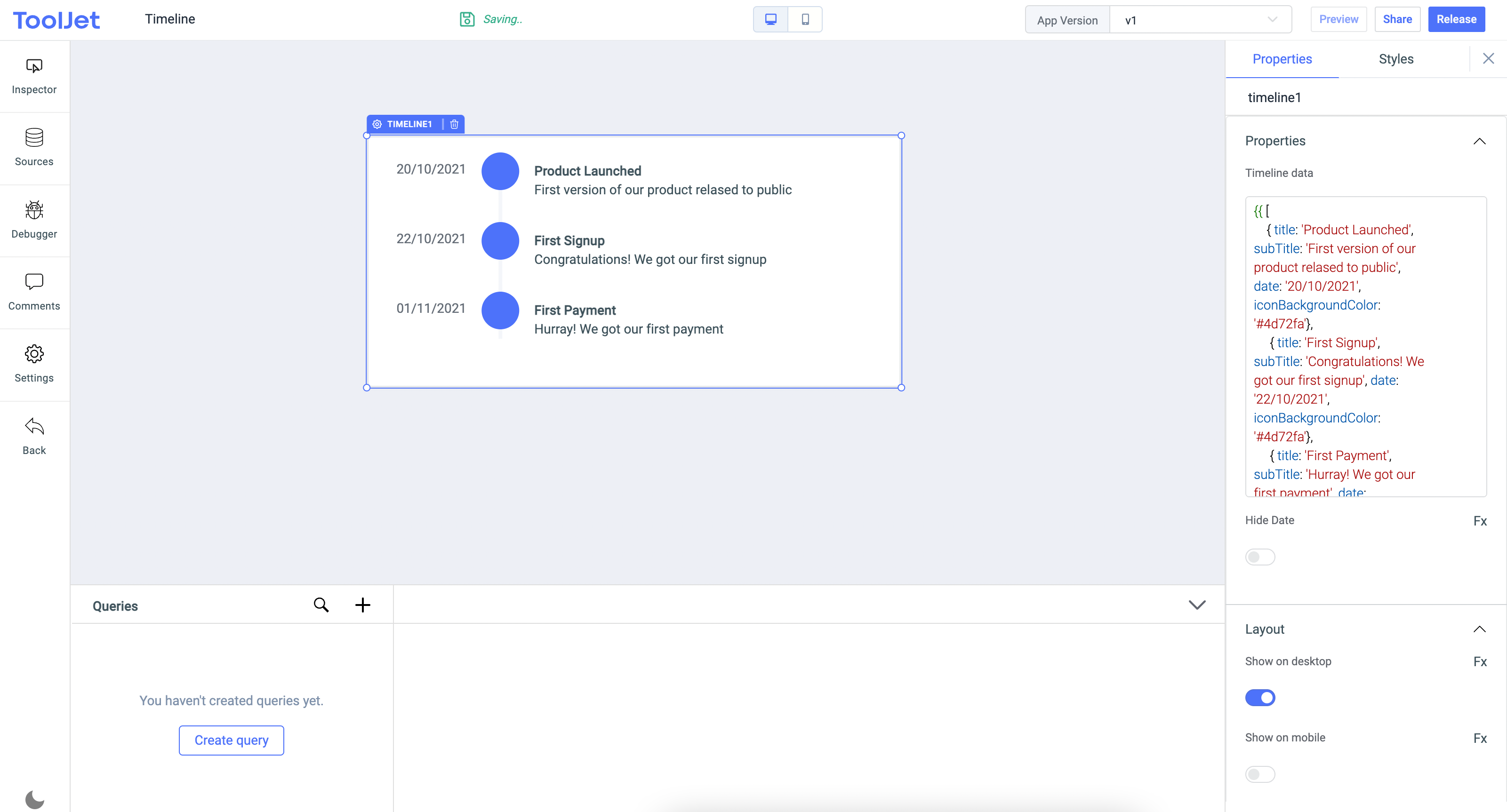 ToolJet - Widget Reference - Timeline